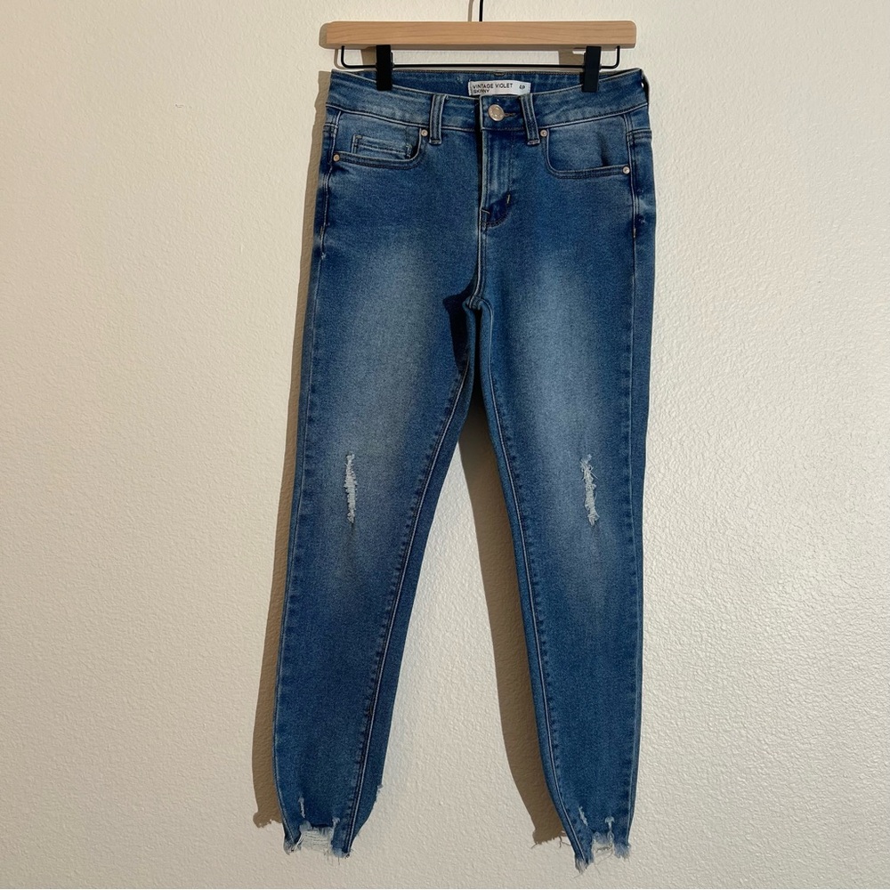 Vintage Violet Skinny Jeans, Distressed Frayed Hem, Mid-Rise, Size 4P